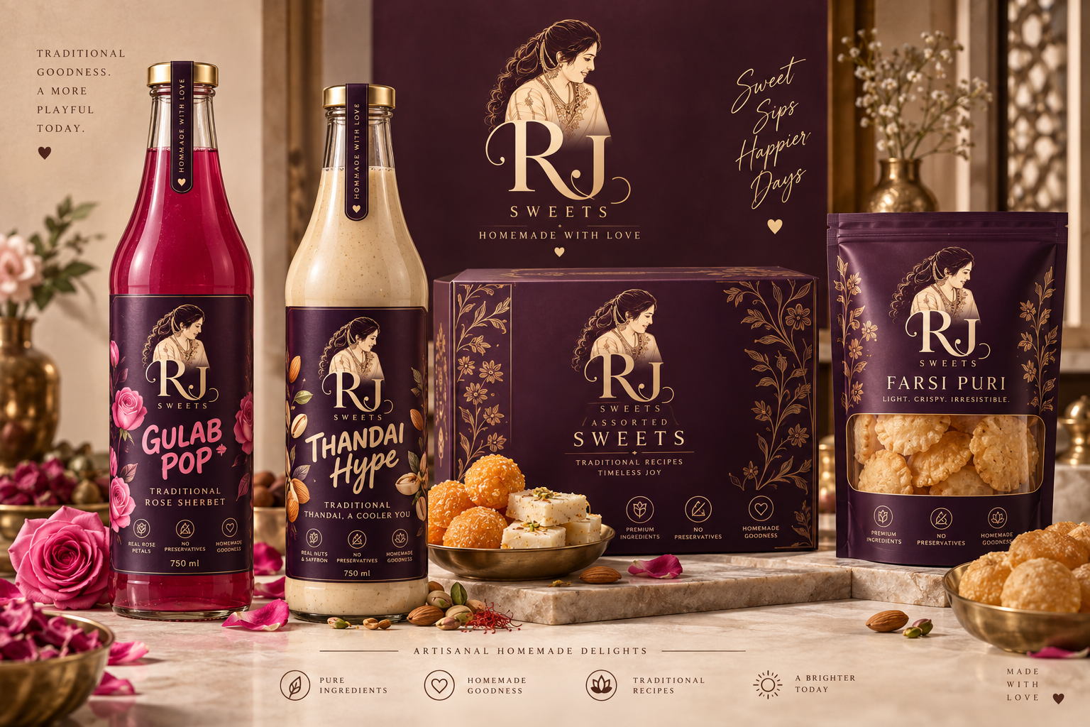 RJ Sweets — Gulab Pop, Thandai Hype, Assorted Sweets box and Farsi Puri